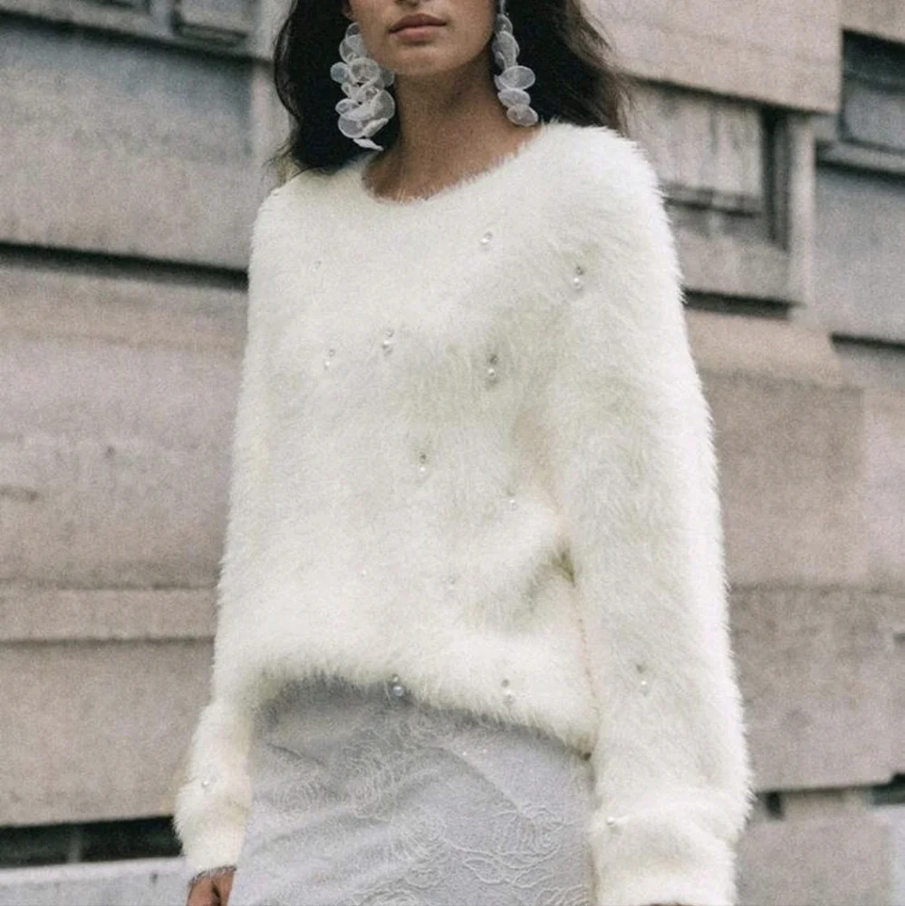 Women's Elegant Cream-White Faux Mink Fuzzy Sweater With Rhinestone Decor - Picture 2 of 6